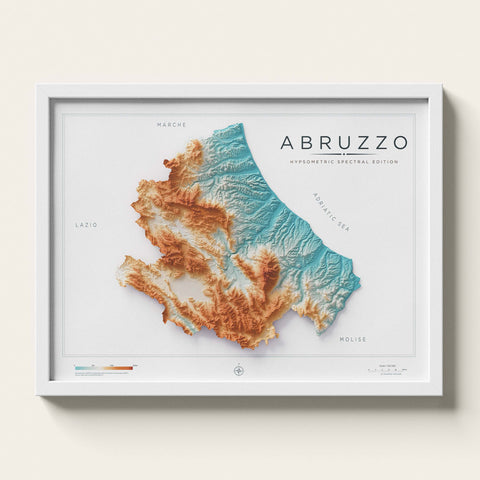 Abruzzo (Italy) spectral shaded relief elevation map printed on fine art paper framed