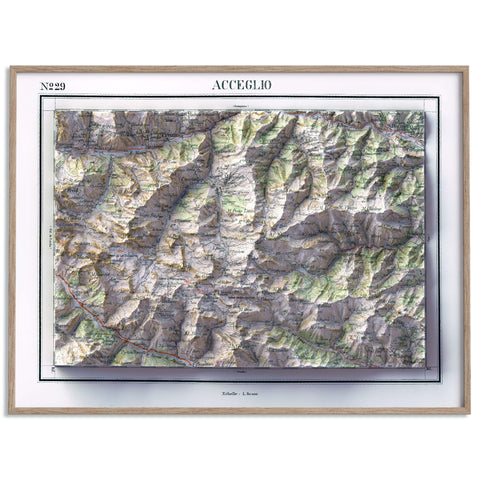 Acceglio (Italy), Topographic map - 1899, 2D printed shaded relief map with 3D effect of a 1899 topographic map of Acceglio (Italy). Shop our beautiful fine art printed maps on supreme Cotton paper. Vintage maps digitally restored and enhanced with a 3D effect. VizCart from Vizart