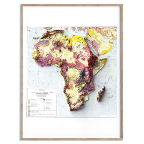 Africa, Geological map - 1958, 2D printed shaded relief map with 3D effect of a 1958 geologic map of Africa. Shop our beautiful fine art printed maps on supreme Cotton paper. Vintage maps digitally restored and enhanced with a 3D effect. VizCart from Vizart