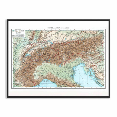 Alps 1900 topographic digitally restored map reprint on fine art paper with frame
