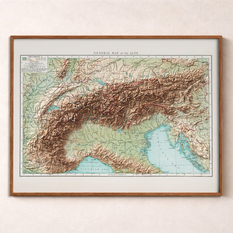 Alps 1900 topographic restored antique shaded relief map print on fine art paper framed