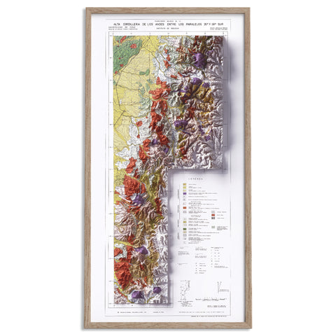 Alta Cordillera de los Andes (Chile), Geological map - 1964, 2D printed shaded relief map with 3D effect of a 1964 geological map of Andes (Alta Cordillera de los Andes, Chile). Shop our beautiful fine art printed maps on supreme Cotton paper. Vintage maps digitally restored and enhanced with a 3D effect. VizCart from Vizart