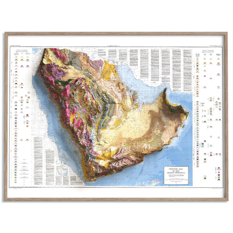 Arabian Peninsula, Geological map - 1963, 2D printed shaded relief map with 3D effect of a 1963 geological map of Saudi Arabia. Shop our beautiful fine art printed maps on supreme Cotton paper. Vintage maps digitally restored and enhanced with a 3D effect. VizCart from Vizart