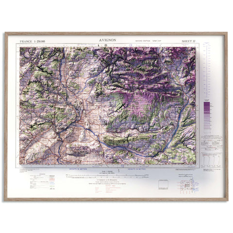 Avignon (France), Topographic map - 1943, 2D printed shaded relief map with 3D effect of a 1943 topographic map of Avignon (France). Shop our beautiful fine art printed maps on supreme Cotton paper. Vintage maps digitally restored and enhanced with a 3D effect. VizCart from Vizart