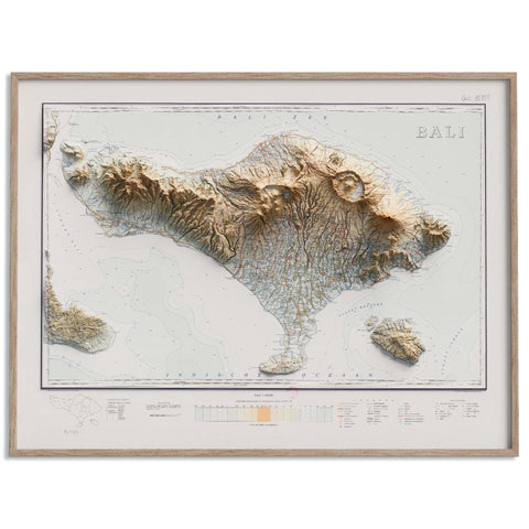 Bali (Indonesia), Topographic map - 1935, 2D printed shaded relief map with 3D effect of a 1935 topographic map of Bali (Indonesia). Shop our beautiful fine art printed maps on supreme Cotton paper. Vintage maps digitally restored and enhanced with a 3D effect. VizCart from Vizart