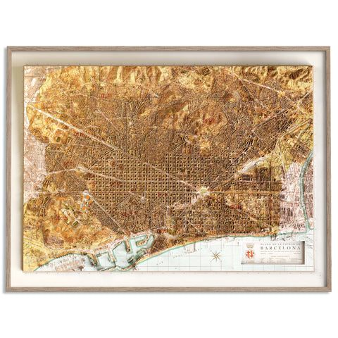 Barcelona (Spain), City map - 1962, 2D printed shaded relief map with 3D effect of a 1962 city map of Barcelona. Shop our beautiful fine art printed maps on supreme Cotton paper. Vintage maps digitally restored and enhanced with a 3D effect. VizCart from Vizart