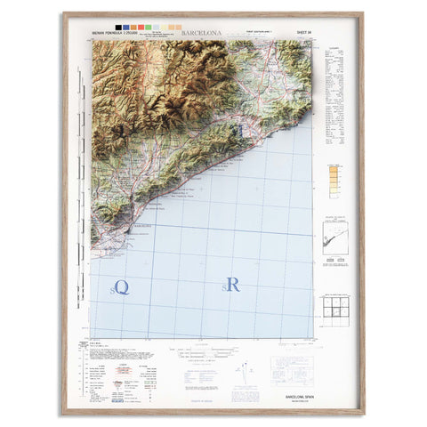 Barcelona (Spain), Topographic map - 1944, 2D printed shaded relief map with 3D effect of a 1944 topographic map of Barcelona (Spain). Shop our beautiful fine art printed maps on supreme Cotton paper. Vintage maps digitally restored and enhanced with a 3D effect. VizCart from Vizart