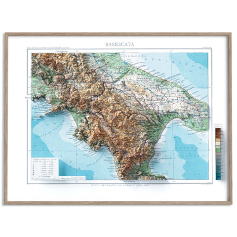 Basilicata (Italy), Topographic map - 1930, 2D printed shaded relief map with 3D effect of a 1930 topographic map of Basilicata (Italy). Shop our beautiful fine art printed maps on supreme Cotton paper. Vintage maps digitally restored and enhanced with a 3D effect. VizCart from Vizart