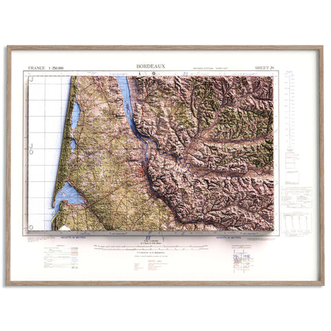 Bordeaux (France), Topographic map - 1943, 2D printed shaded relief map with 3D effect of a 1943 topographic map of Bordeaux (France). Shop our beautiful fine art printed maps on supreme Cotton paper. Vintage maps digitally restored and enhanced with a 3D effect. VizCart from Vizart