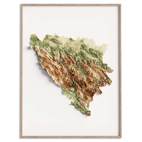 Bosnia and Herzegovina, Elevation tint - Geo, 2D printed shaded relief map with 3D effect of Abruzzo (Italy) with geo hypsometric tint. Shop our beautiful fine art printed maps on supreme Cotton paper. Vintage maps digitally restored and enhanced with a 3D effect. VizCart from Vizart