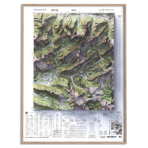 Valley of Soča, Bovec (Slovenia), Topographic map - 1987, 2D printed shaded relief map with 3D effect of a 1987 topographic map of Valley of Soča, Bovec (Slovenia). Shop our beautiful fine art printed maps on supreme Cotton paper. Vintage maps digitally restored and enhanced with a 3D effect. VizCart from Vizart
