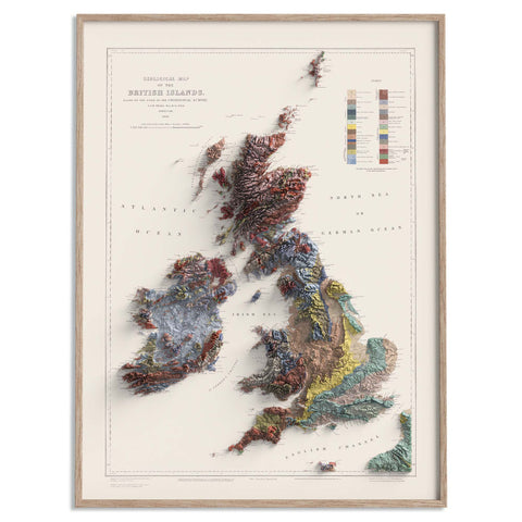 British-Irish Isles, Geological map - 1906, 2D printed shaded relief map with 3D effect of a 1906 geological map of Britain and Ireland (British-Irish Isles). Shop our beautiful fine art printed maps on supreme Cotton paper. Vintage maps digitally restored and enhanced with a 3D effect. VizCart from Vizart
