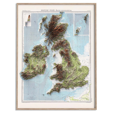 British-Irish Isles 1920 topographic restored antique shaded relief map print on fine art paper framed