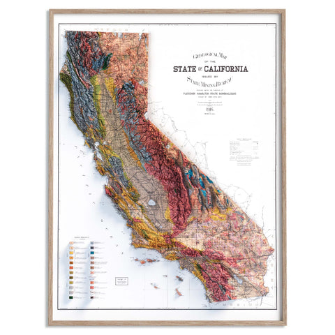 California (USA), Geological map - 1916, 2D printed shaded relief map with 3D effect of a 1916 geological map of California (USA). Shop our beautiful fine art printed maps on supreme Cotton paper. Vintage maps digitally restored and enhanced with a 3D effect. VizCart from Vizart