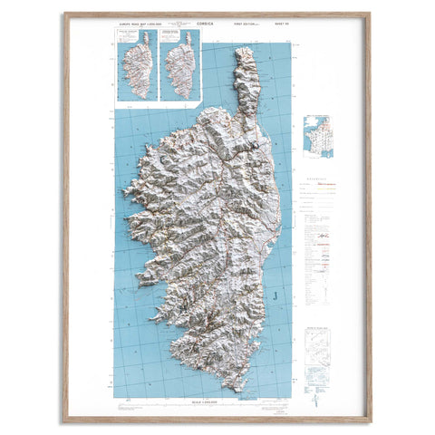 Corsica (France) 1943 topographic restored antique shaded relief map print on fine art paper framed