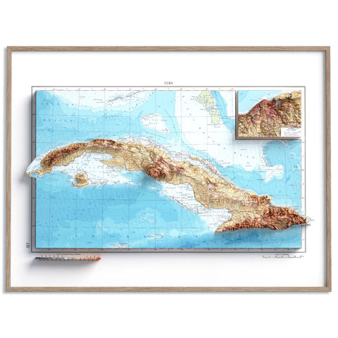 Cuba, Topographic map - 1967, 2D printed shaded relief map with 3D effect of a 1967 topographic map of Cuba. Shop our beautiful fine art printed maps on supreme Cotton paper. Vintage maps digitally restored and enhanced with a 3D effect. VizCart from Vizart