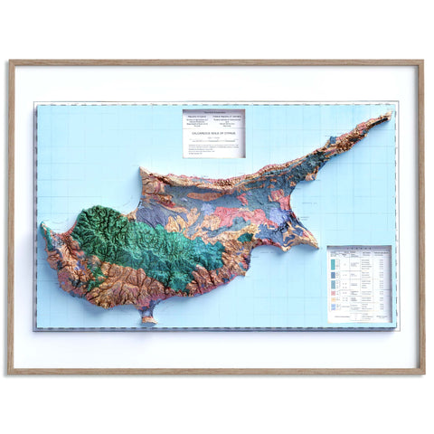 Cyprus, Soil map - 1987, 2D printed shaded relief map with 3D effect of a 1987 soil map of Cyprus. Shop our beautiful fine art printed maps on supreme Cotton paper. Vintage maps digitally restored and enhanced with a 3D effect. VizCart from Vizart