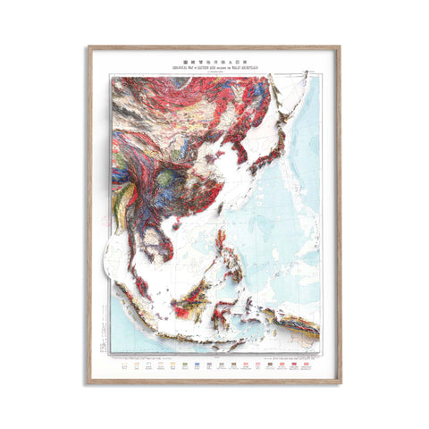 Eastern Asia, Geological map - 1932, 2D printed shaded relief map with 3D effect of a 1932 geological map of Eastern Asia. Shop our beautiful fine art printed maps on supreme Cotton paper. Vintage maps digitally restored and enhanced with a 3D effect, VizCart from Vizart