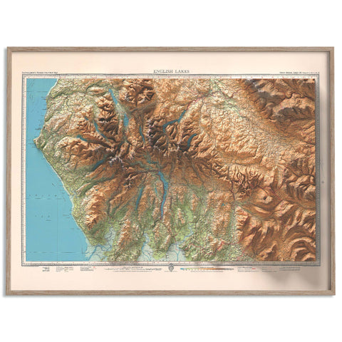 English Lakes (England, UK), Topographic map - 1941, 2D printed shaded relief map with 3D effect of a 1941 topographic map of English Lakes (UK). Shop our beautiful fine art printed maps on supreme Cotton paper. Vintage maps digitally restored and enhanced with a 3D effect. VizCart from Vizart