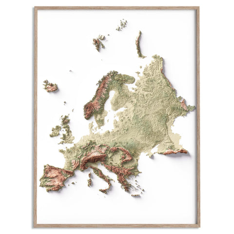 Europe, Elevation tint - Geo, 2D printed shaded relief map with 3D effect of Europe with geo hypsometric tint. Shop our beautiful fine art printed maps on supreme Cotton paper. Vintage maps digitally restored and enhanced with a 3D effect. VizCart from Vizart