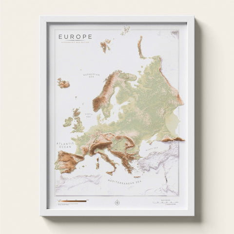 Europe geo shaded relief elevation map printed on fine art paper framed