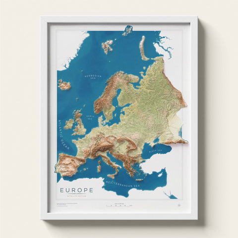 Europe satellite shaded relief elevation map printed on fine art paper framed