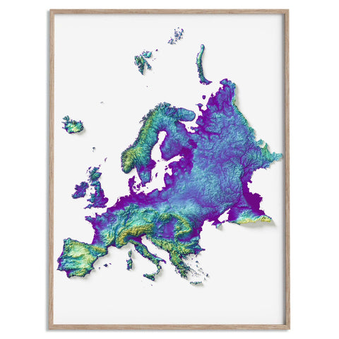 Europe, Elevation tint - Viridis, 2D printed shaded relief map with 3D effect of Europe with viridis hypsometric tint. Shop our beautiful fine art printed maps on supreme Cotton paper. Vintage maps digitally restored and enhanced with a 3D effect. VizCart from Vizart