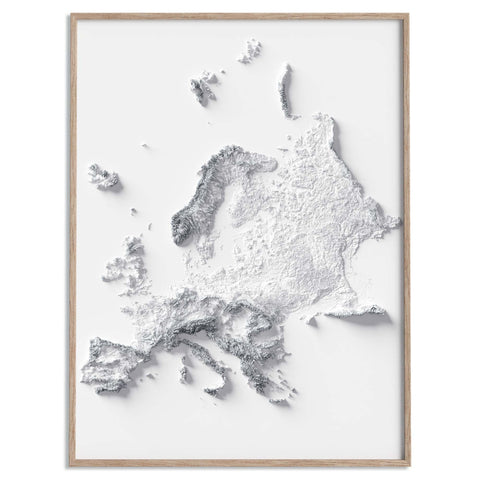 Europe, Elevation tint - White, 2D printed shaded relief map with 3D effect of Europe with monochrome hypsometric tint. Shop our beautiful fine art printed maps on supreme Cotton paper. Vintage maps digitally restored and enhanced with a 3D effect. VizCart from Vizart