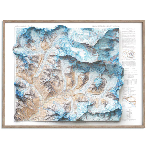 Mt Everest (Nepal) 1957 topographic restored antique shaded relief map print on fine art paper framed