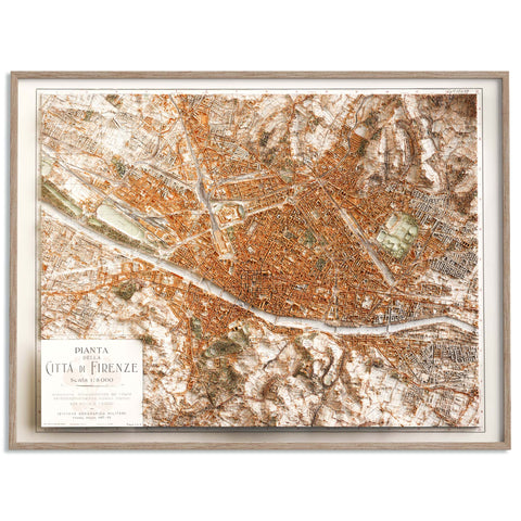 Florence (Italy), City map - 1936, 2D printed shaded relief map with 3D effect of a 1936 city map of Florence (Italy). Shop our beautiful fine art printed maps on supreme Cotton paper. Vintage maps digitally restored and enhanced with a 3D effect. VizCart from Vizart