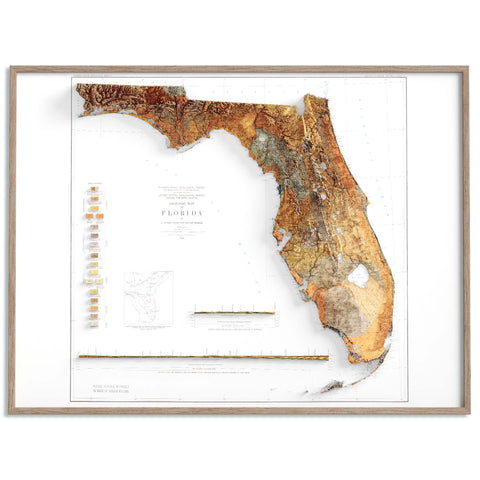 Florida, Geological map - 1929, 2D printed shaded relief map with 3D effect of a 1929 geologic map of Florida (USA). Shop our beautiful fine art printed maps on supreme Cotton paper. Vintage maps digitally restored and enhanced with a 3D effect. VizCart from Vizart
