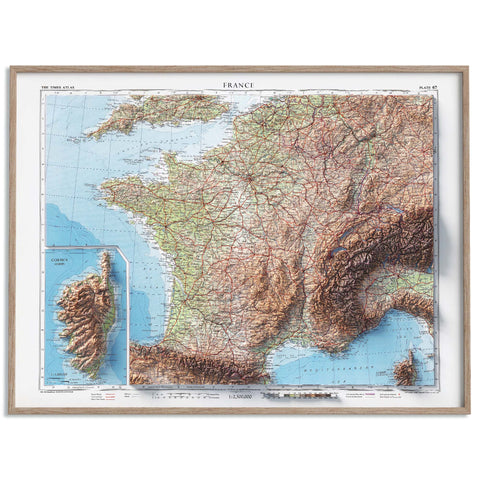 France, Topographic map - 1955, 2D printed shaded relief map with 3D effect of a 1955 topographic map of France. Shop our beautiful fine art printed maps on supreme Cotton paper. Vintage maps digitally restored and enhanced with a 3D effect. VizCart from Vizart