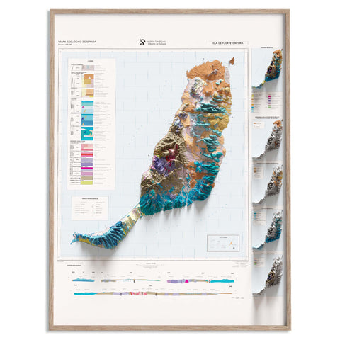 Fuerteventura (Spain), Geological map - 1991, 2D printed shaded relief map with 3D effect of a 1991 geological map of Isla Fuerteventura (Spain). Shop our beautiful fine art printed maps on supreme Cotton paper. Vintage maps digitally restored and enhanced with a 3D effect. VizCart from Vizart