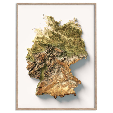 Germany, Elevation tint - Geo, 2D printed shaded relief map with 3D effect of Germany with geo elevation tint. Shop our beautiful fine art printed maps on supreme Cotton paper. Vintage maps digitally restored and enhanced with a 3D effect. VizCart from Vizart