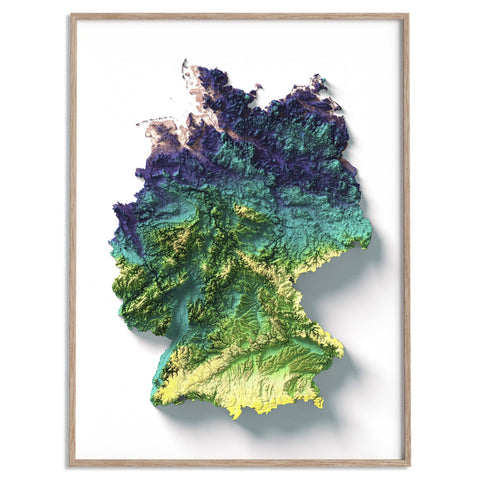 Germany, Elevation tint - Viridis, 2D printed shaded relief map with 3D effect of Germany with viridis elevation tint. Shop our beautiful fine art printed maps on supreme Cotton paper. Vintage maps digitally restored and enhanced with a 3D effect. VizCart from Vizart