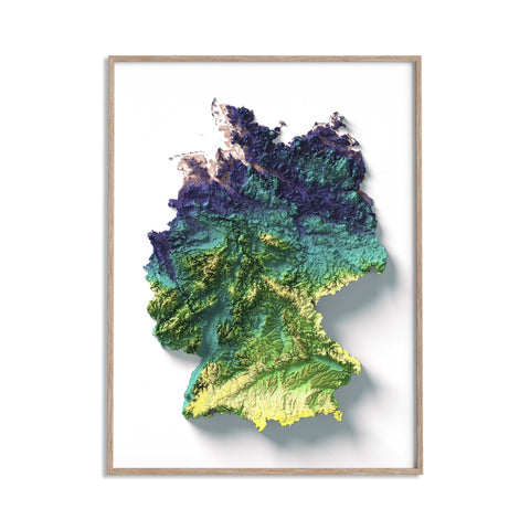 Germany, Elevation tint - Viridis, 2D printed shaded relief map with 3D effect of Germany with viridis elevation tint. Shop our beautiful fine art printed maps on supreme Cotton paper. Vintage maps digitally restored and enhanced with a 3D effect., VizCart from Vizart