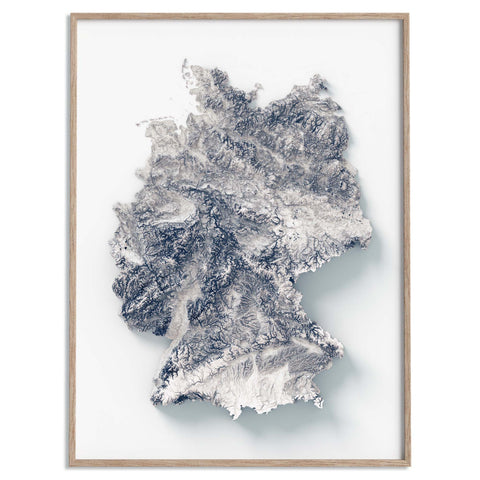 Germany, Elevation tint - White, 2D printed shaded relief map with 3D effect of Germany with monochrome white elevation tint. Shop our beautiful fine art printed maps on supreme Cotton paper. Vintage maps digitally restored and enhanced with a 3D effect. VizCart from Vizart