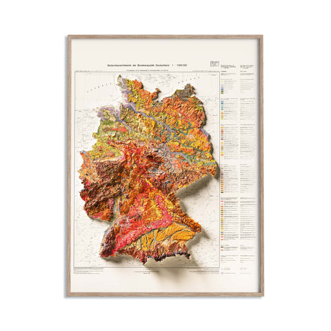 Germany, Soil map - 1995, 2D printed shaded relief map with 3D effect of a 1995 soil map of Germany. Shop our beautiful fine art printed maps on supreme Cotton paper. Vintage maps digitally restored and enhanced with a 3D effect., VizCart from Vizart