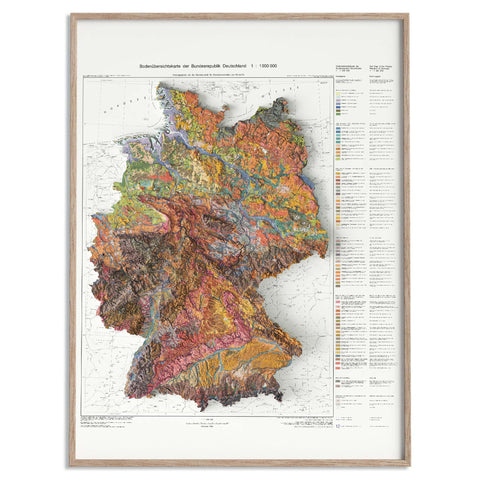 Germany, Soil map - 1995, 2D printed shaded relief map with 3D effect of a 1995 soil map of Germany. Shop our beautiful fine art printed maps on supreme Cotton paper. Vintage maps digitally restored and enhanced with a 3D effect. VizCart from Vizart