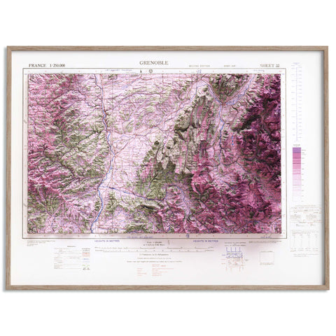 Grenoble (France), Topographic map - 1943, 2D printed shaded relief map with 3D effect of a 1943 topographic map of Grenoble (France). Shop our beautiful fine art printed maps on supreme Cotton paper. Vintage maps digitally restored and enhanced with a 3D effect. VizCart from Vizart