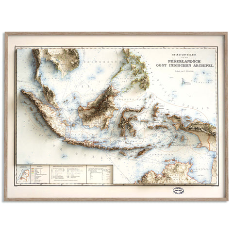 Indonesia, Topographic map - 1901, 2D printed shaded relief map with 3D effect of a 1901 topographic map of Indonesia. Shop our beautiful fine art printed maps on supreme Cotton paper. Vintage maps digitally restored and enhanced with a 3D effect. VizCart from Vizart