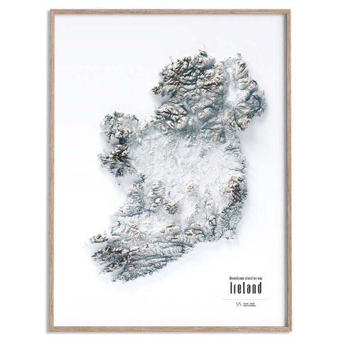 Ireland white shaded relief elevation map printed on fine art paper framed
