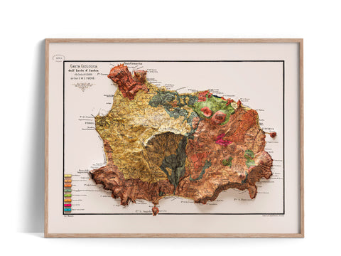 Ischia (Italy), Geological map - 1873, 2D printed shaded relief map with 3D effect of a 1873 geological map of Ischia (Italy). Shop our beautiful fine art printed maps on supreme Cotton paper. Vintage maps digitally restored and enhanced with a 3D effect., VizCart from Vizart