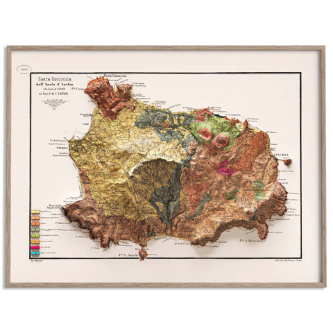 Ischia (Italy), Geological map - 1873, 2D printed shaded relief map with 3D effect of a 1873 geological map of Ischia (Italy). Shop our beautiful fine art printed maps on supreme Cotton paper. Vintage maps digitally restored and enhanced with a 3D effect. VizCart from Vizart
