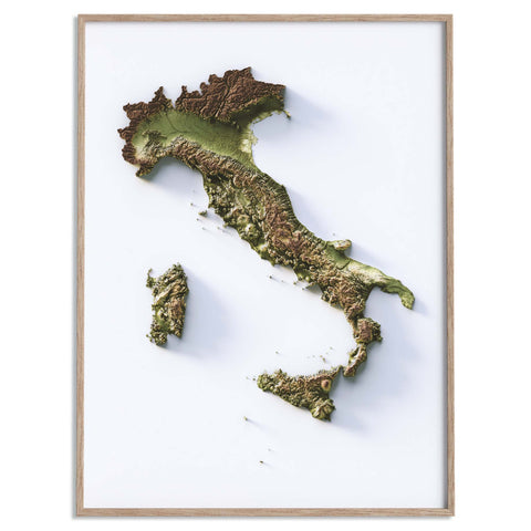 Italy, Elevation tint - Geo, 2D printed shaded relief map with 3D effect of Italy with geo hypsometric tint. Shop our beautiful fine art printed maps on supreme Cotton paper. Vintage maps digitally restored and enhanced with a 3D effect. VizCart from Vizart