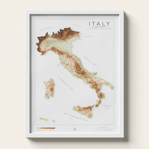 Italy geo shaded relief elevation map printed on fine art paper framed