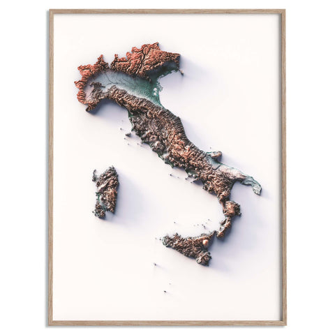 Italy, Elevation tint - Irid, 2D printed shaded relief map with 3D effect of Italy with irid hypsometric tint. Shop our beautiful fine art printed maps on supreme Cotton paper. Vintage maps digitally restored and enhanced with a 3D effect. VizCart from Vizart