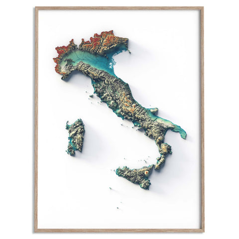 Italy, Elevation tint - Spectral, 2D printed shaded relief map with 3D effect of Italy with spectral hypsometric tint. Shop our beautiful fine art printed maps on supreme Cotton paper. Vintage maps digitally restored and enhanced with a 3D effect. VizCart from Vizart