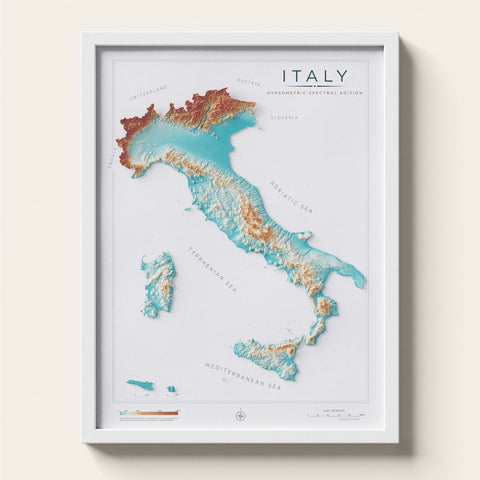 Italy spectral shaded relief elevation map printed on fine art paper framed