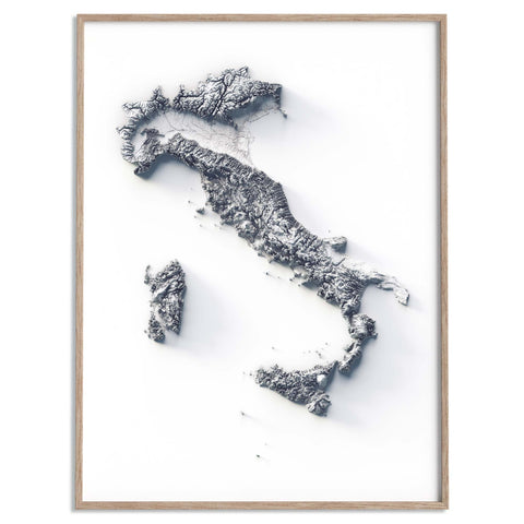 Italy, Elevation tint - White, 2D printed shaded relief map with 3D effect of Italy with white hypsometric tint. Shop our beautiful fine art printed maps on supreme Cotton paper. Vintage maps digitally restored and enhanced with a 3D effect. VizCart from Vizart